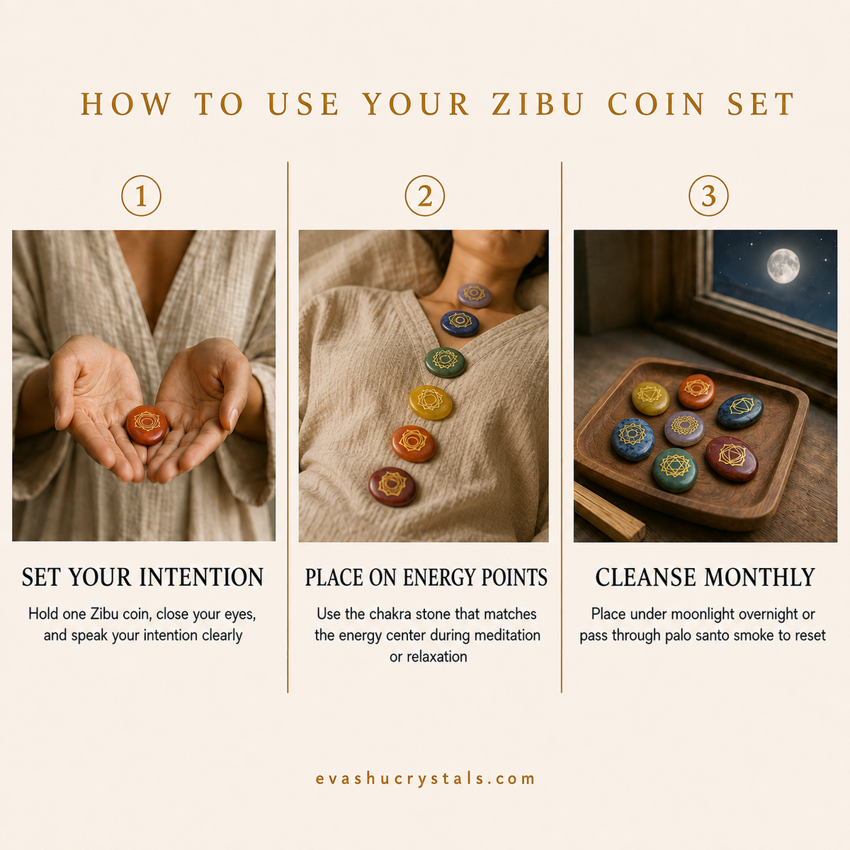 Zibu Coin Set wearing, placement, intention and crystal care usage guide