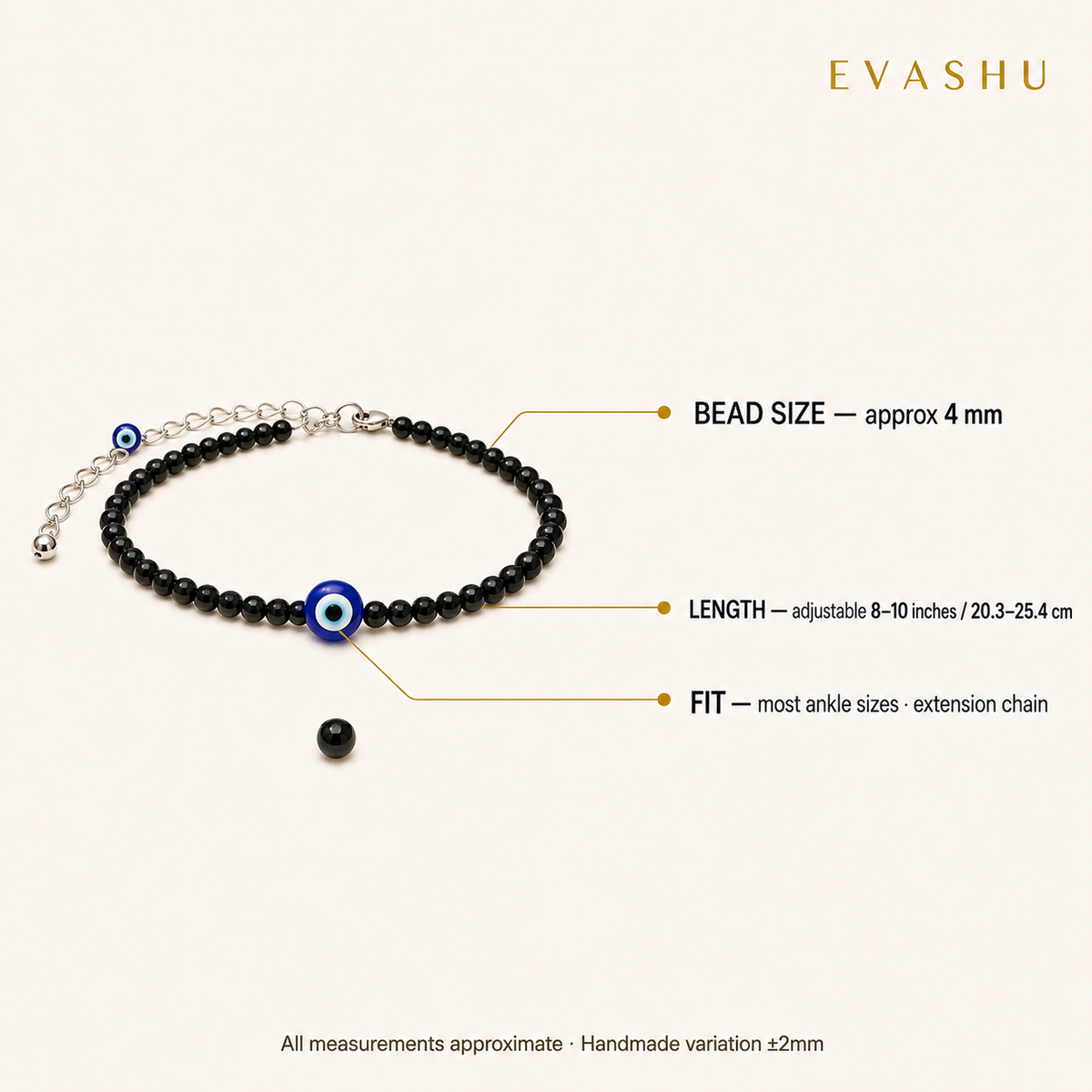 black-tourmaline-and-evil-eye-anklet-set by Evashu Crystals with sourcing, handmade and brand values