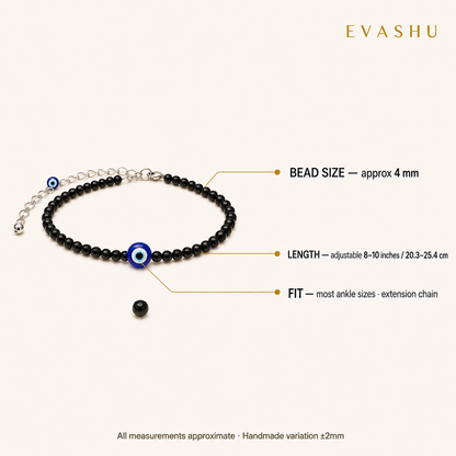 black-tourmaline-and-evil-eye-anklet-set by Evashu Crystals with sourcing, handmade and brand values