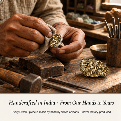 pyrite-stone-and-ring-set by Evashu Crystals with sourcing, handmade and brand values