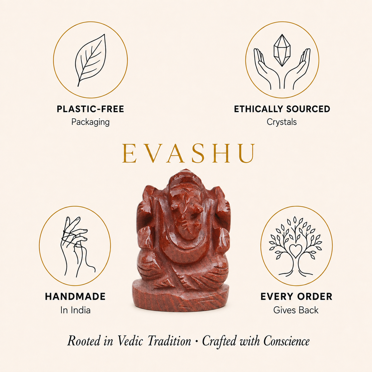Red Jasper Ganesha by Evashu Crystals with sourcing, handmade and brand values
