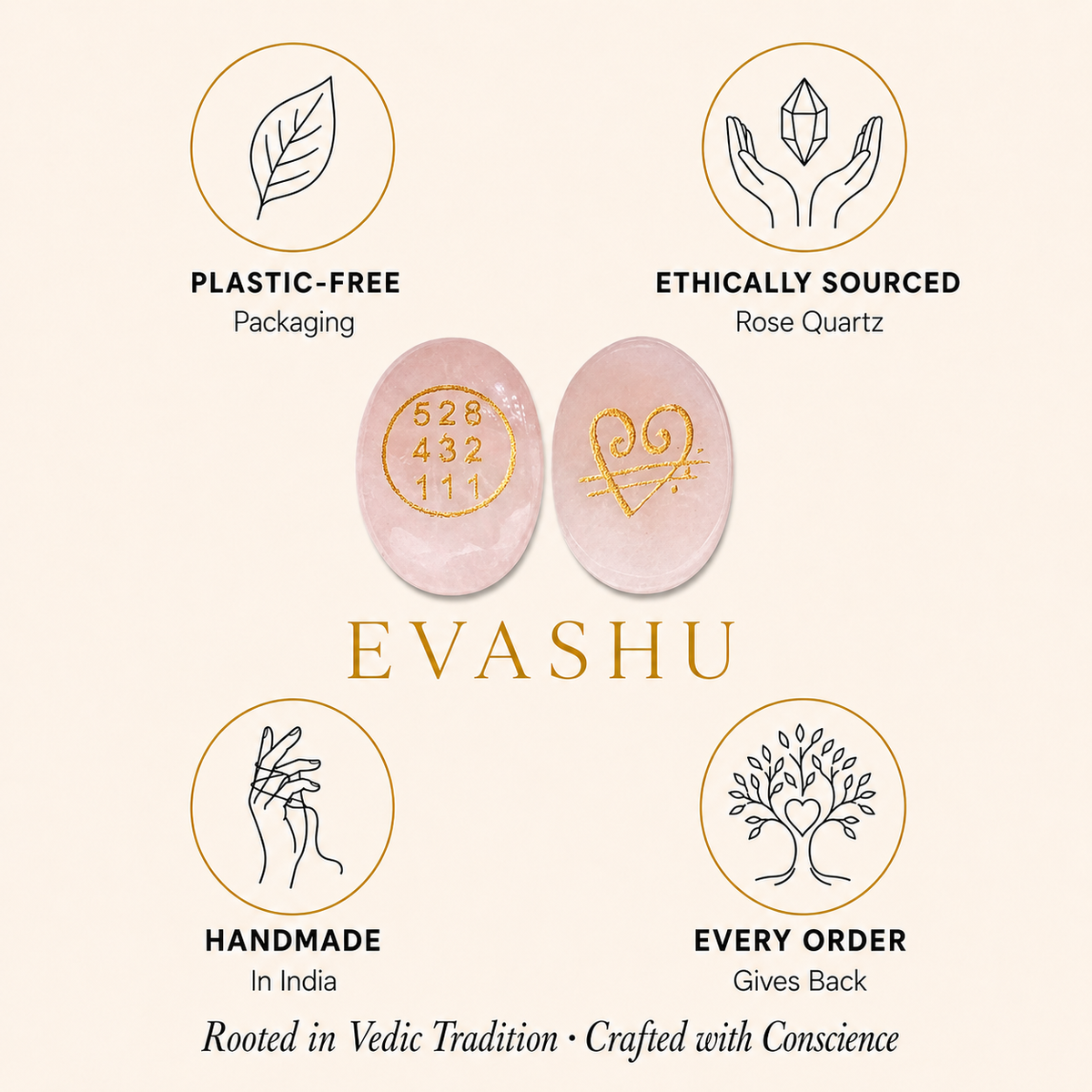 Rose Quartz Zibu Coin by Evashu Crystals with sourcing, handmade and brand values