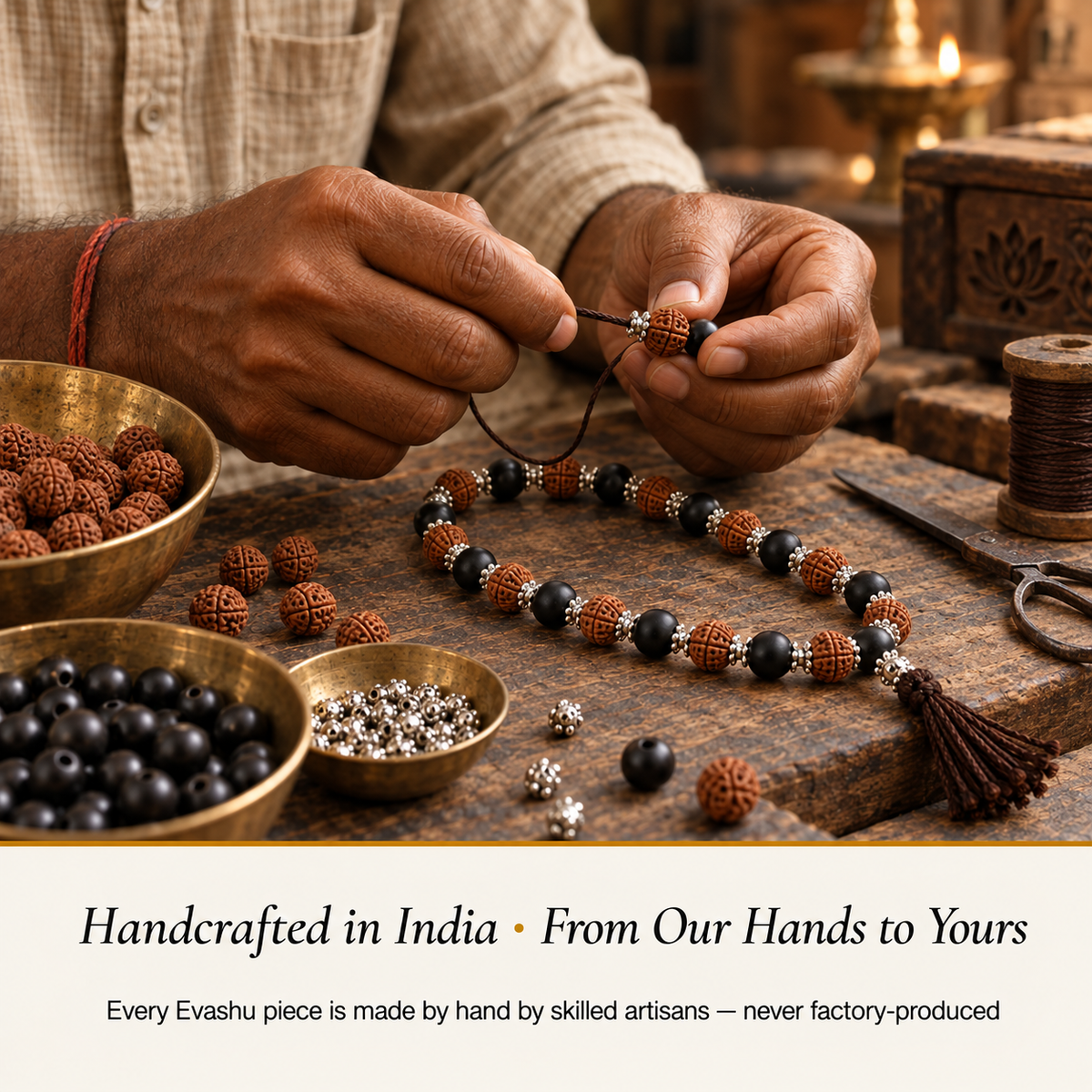 rudraksha-and-karungali-mala by Evashu Crystals with sourcing, handmade and brand values