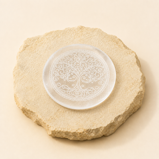 Selenite Flower Plate by Evashu Crystals with sourcing, handmade and brand values