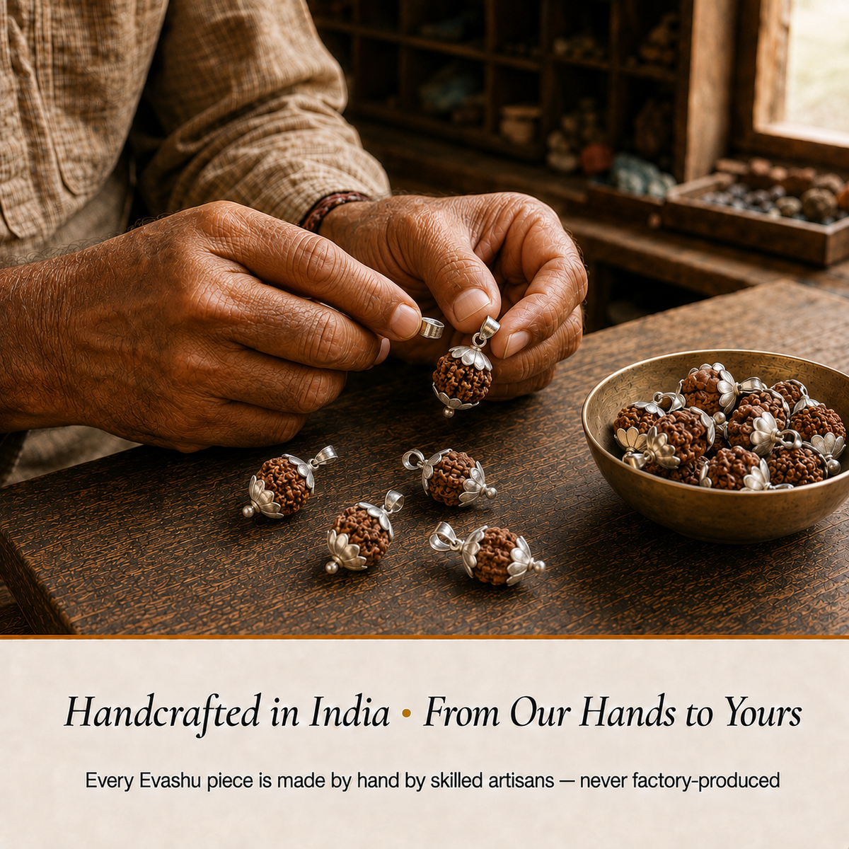 1 Mukhi Rudraksha Pendant handcrafted in India showing artisan crystal product making