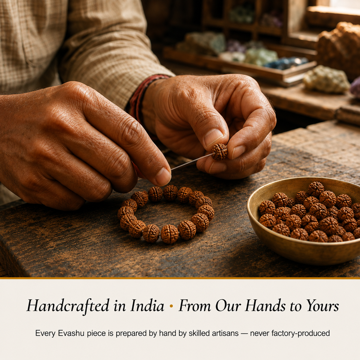 2 Mukhi Rudraksha handcrafted in India showing artisan crystal product making