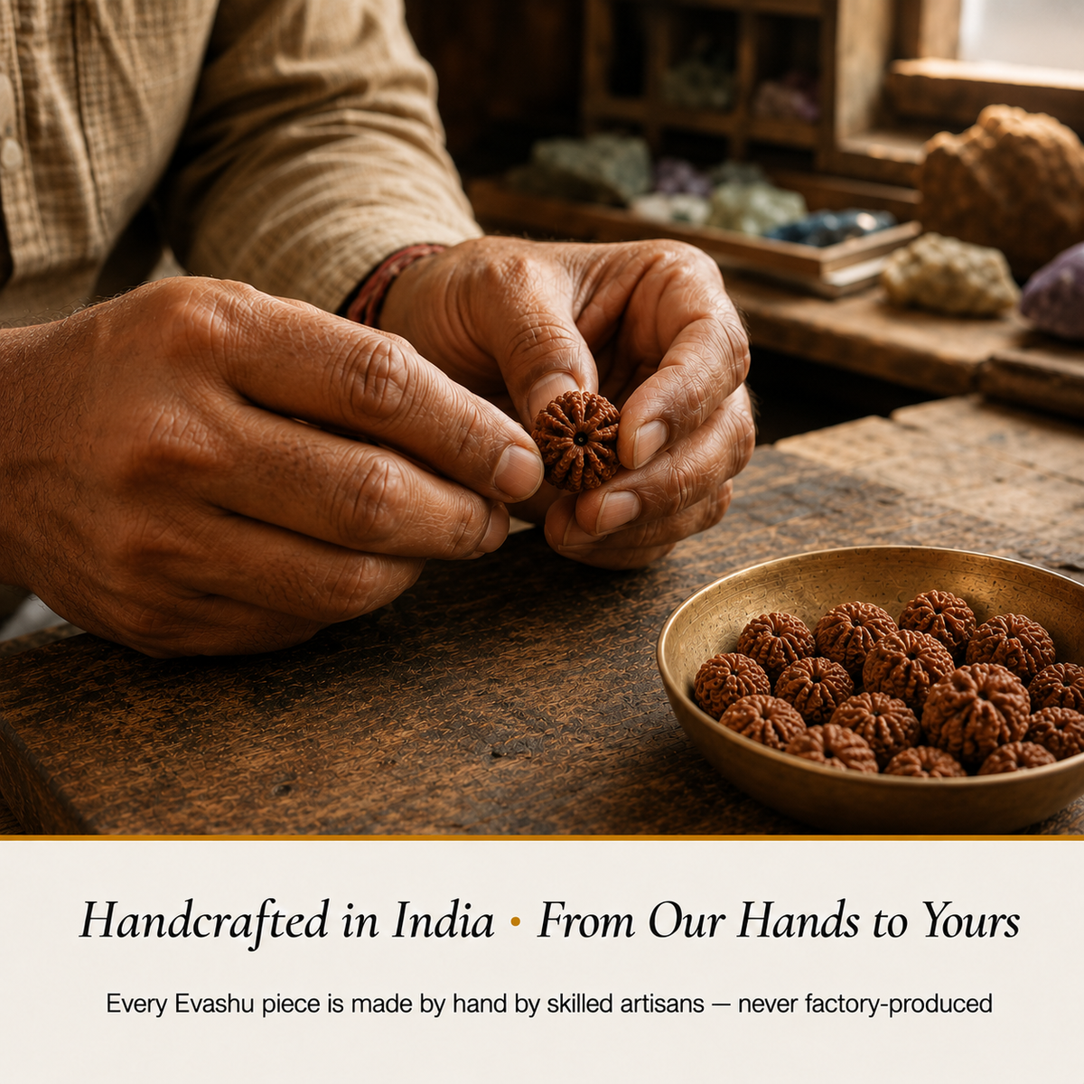 5 Mukhi Rudraksha handcrafted in India showing artisan crystal product making