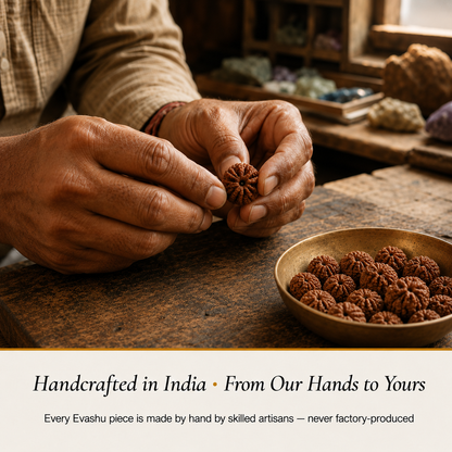 5 Mukhi Rudraksha handcrafted in India showing artisan crystal product making