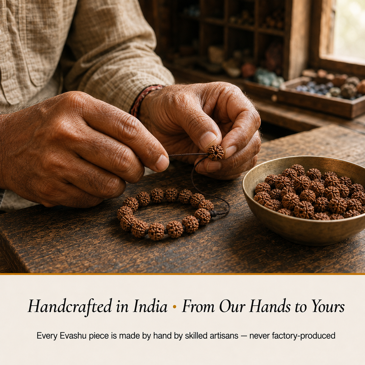 6 Mukhi Rudraksha handcrafted in India showing artisan crystal product making