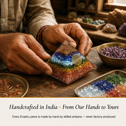 7 Chakra Pyramid handcrafted in India showing artisan crystal product making