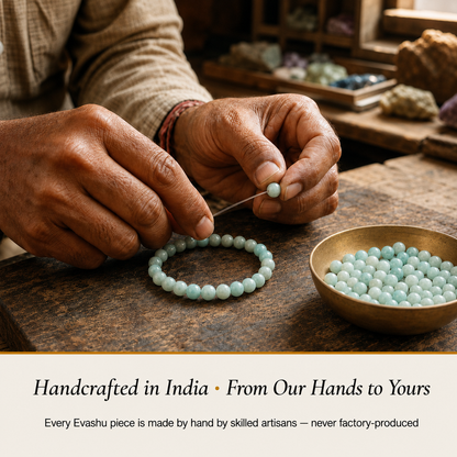Amazonite Bracelet handcrafted in India showing artisan crystal bracelet making