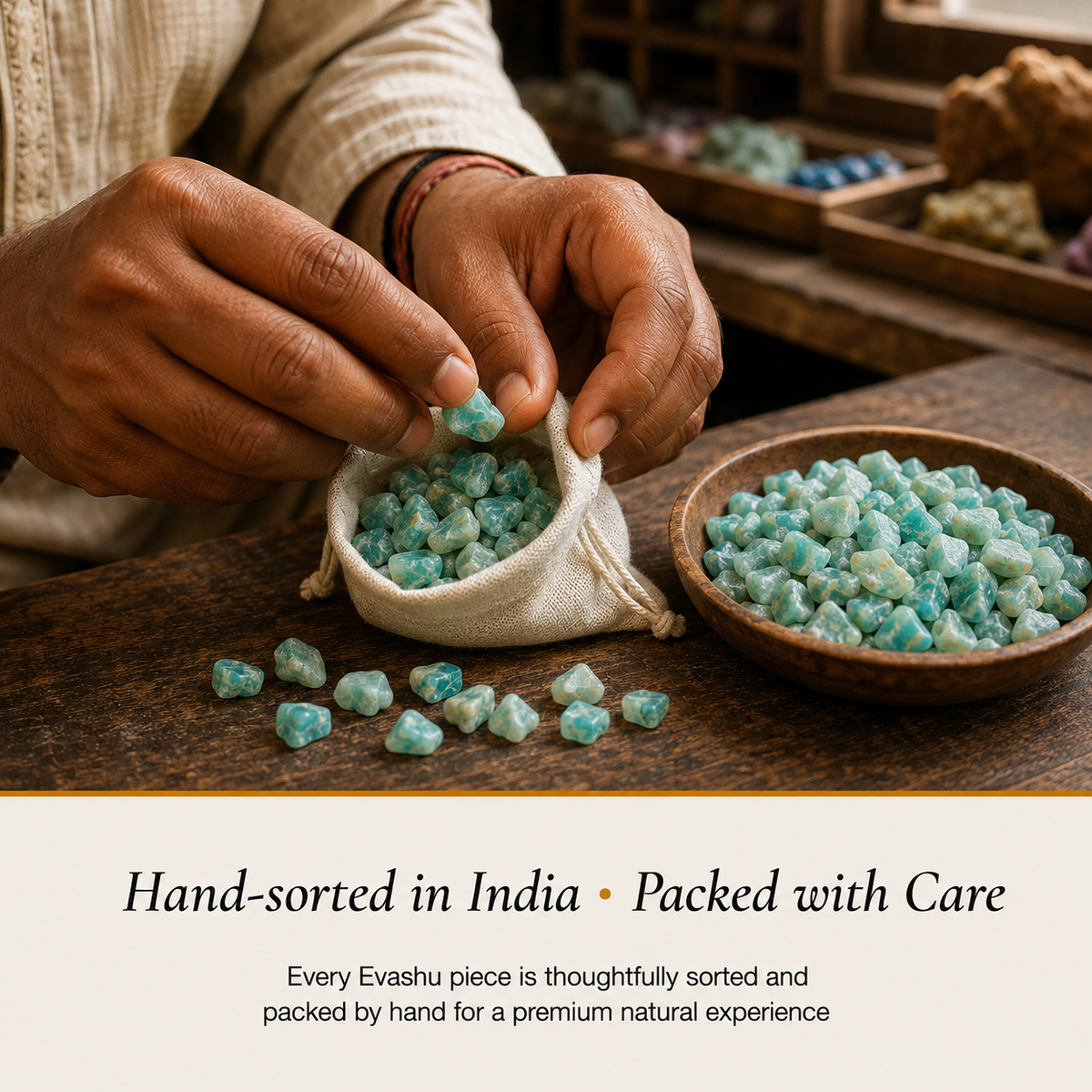 Amazonite Chips handcrafted in India showing artisan crystal product making