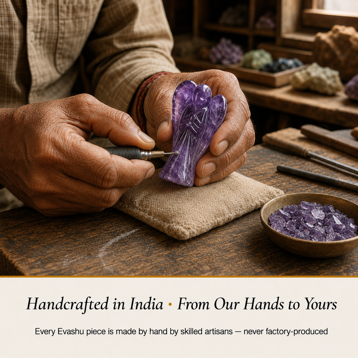 Amethyst Angel handcrafted in India showing artisan crystal product making