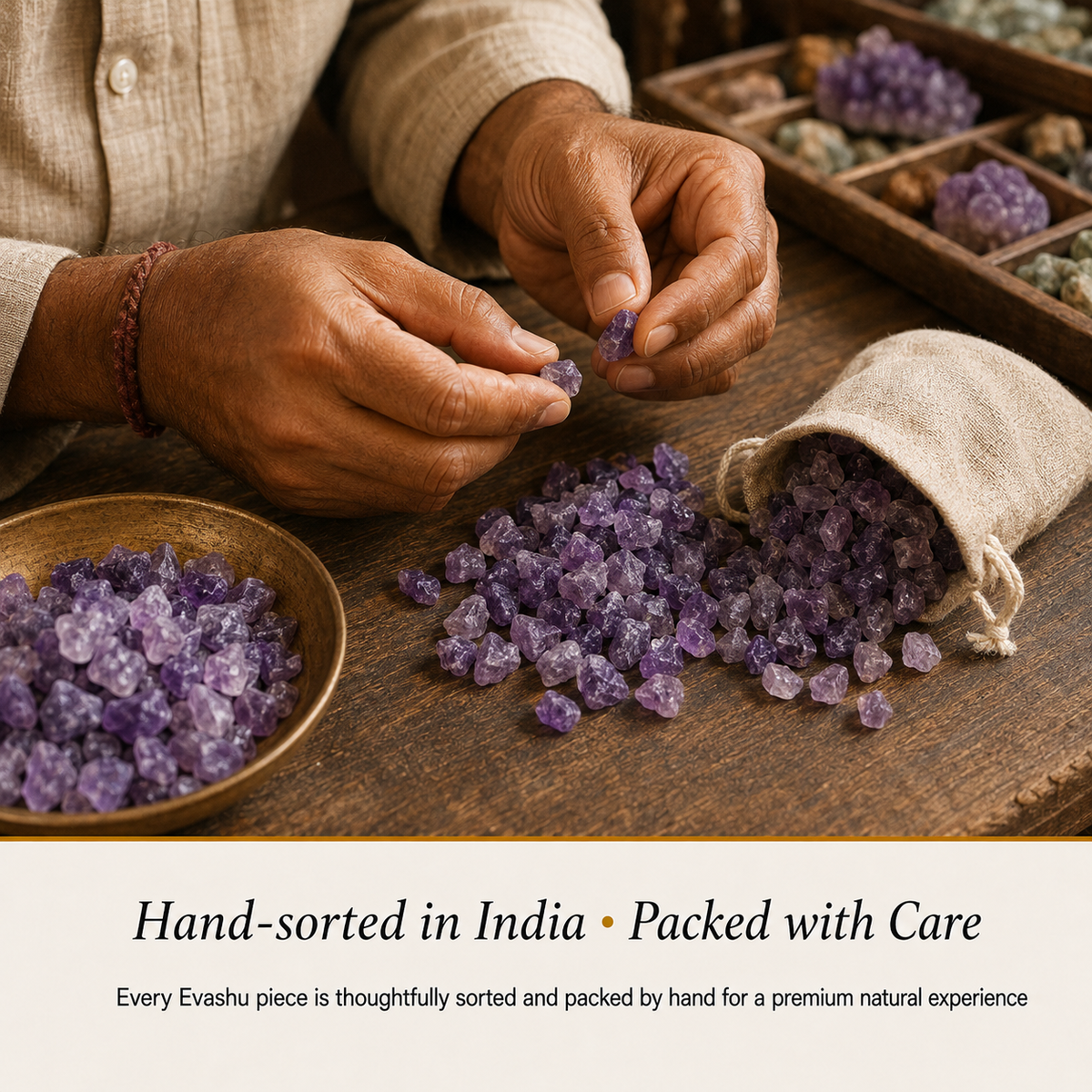 Amethyst Chips handcrafted in India showing artisan crystal product making