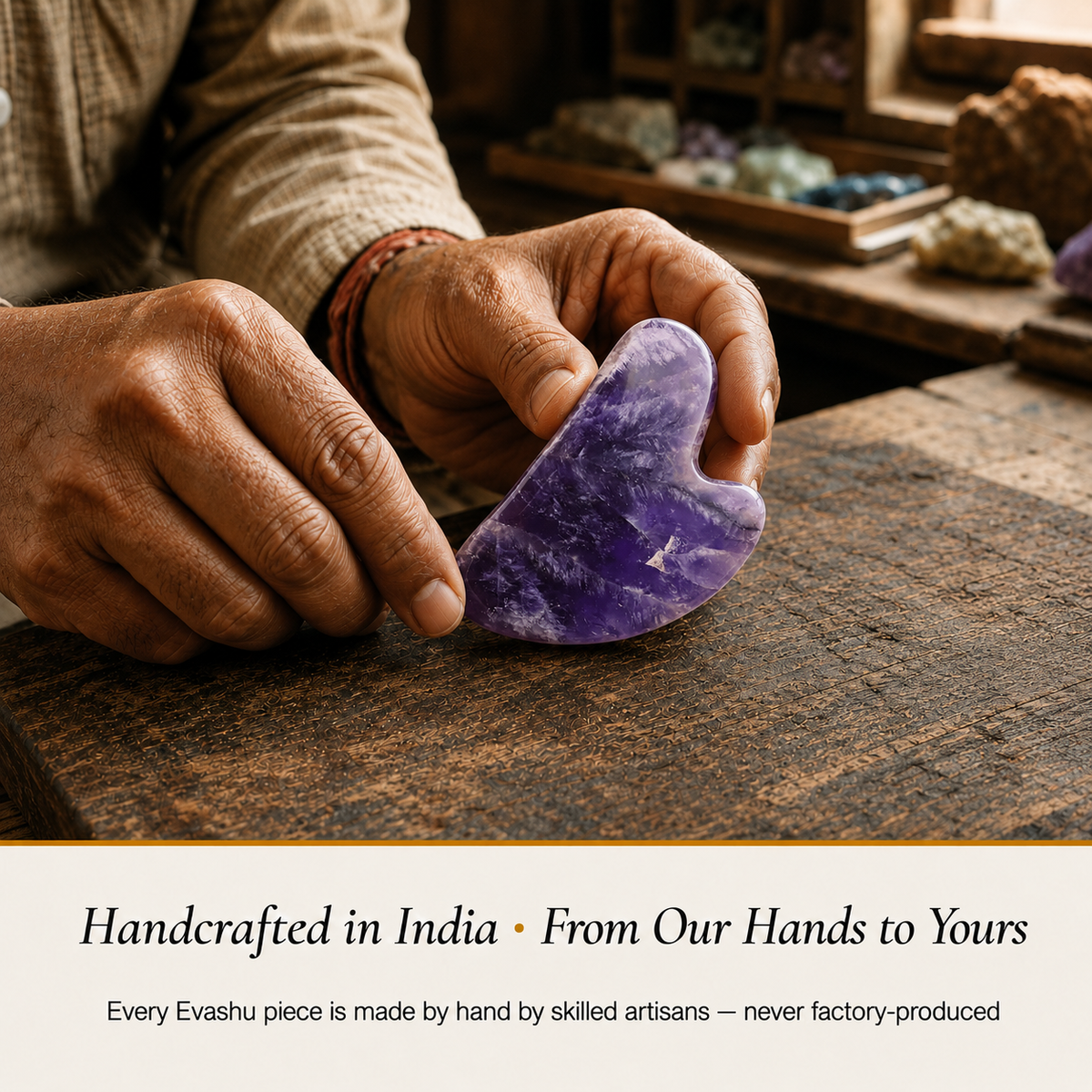 Amethyst Gua Sha handcrafted in India showing artisan crystal product making