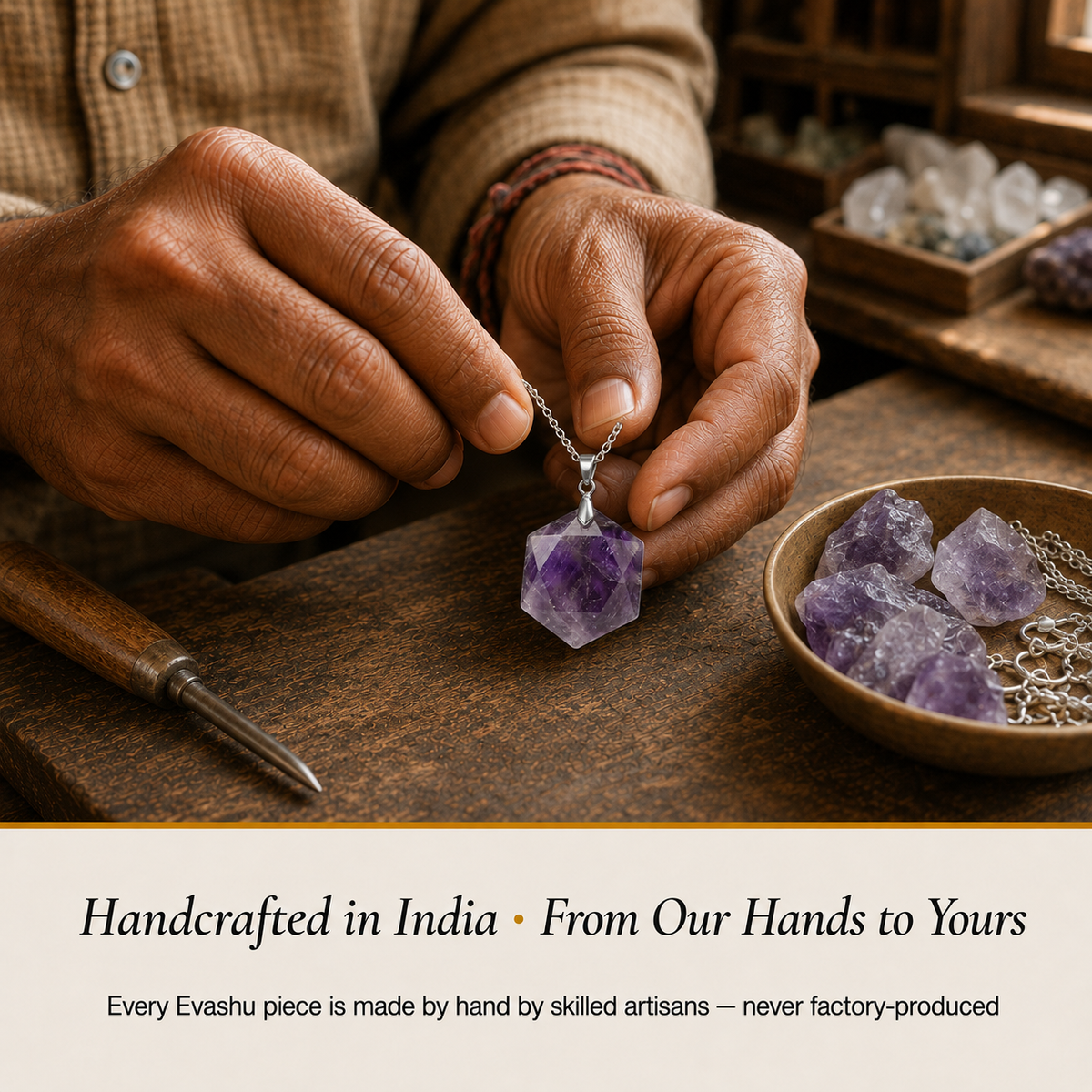 Amethyst Hexagon Pendant handcrafted in India showing artisan crystal product making