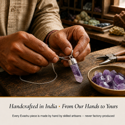 Amethyst Pencil Pendant handcrafted in India showing artisan crystal product making