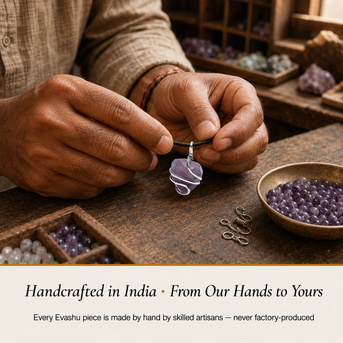Amethyst Pendant handcrafted in India showing artisan crystal product making