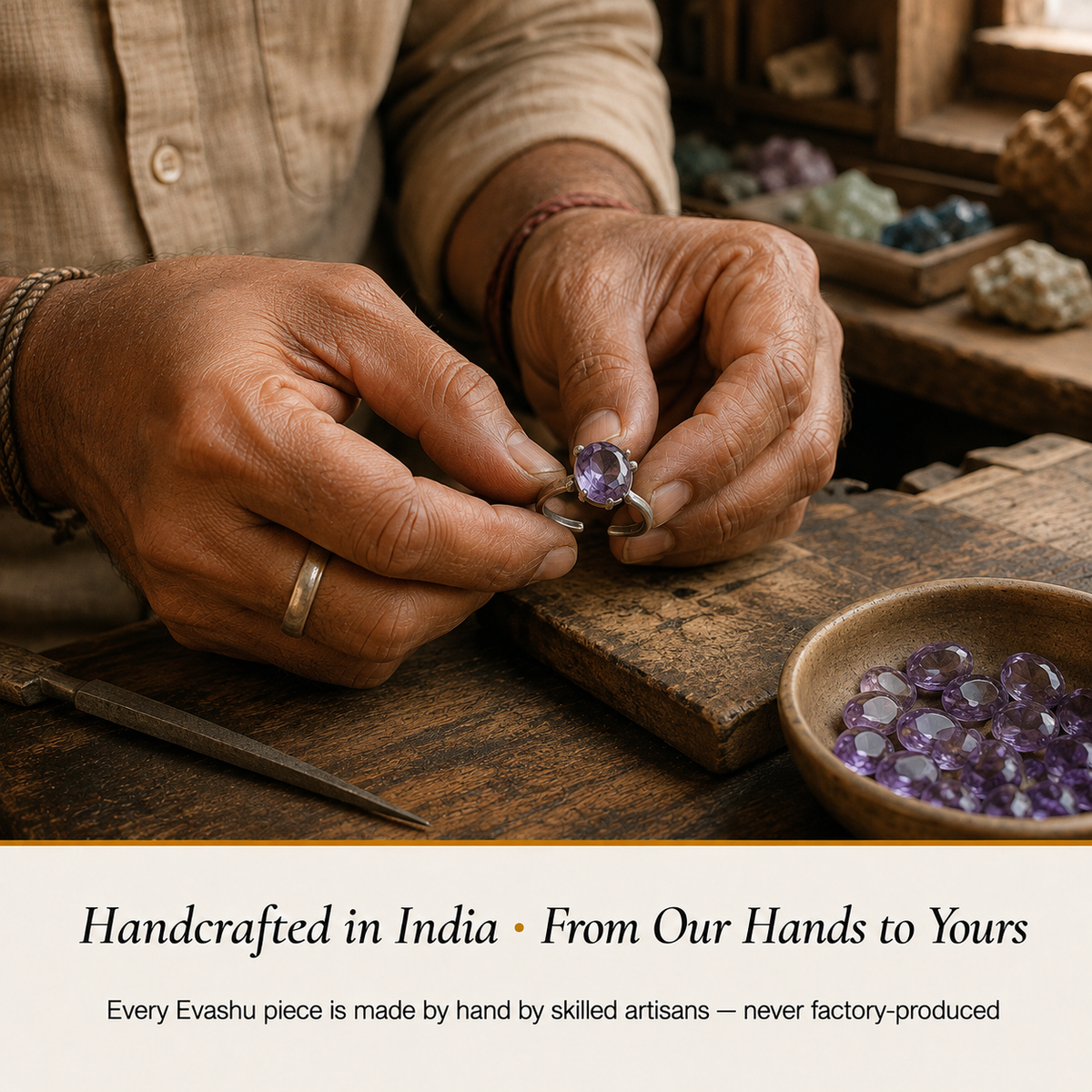 Amethyst Ring handcrafted in India showing artisan crystal product making