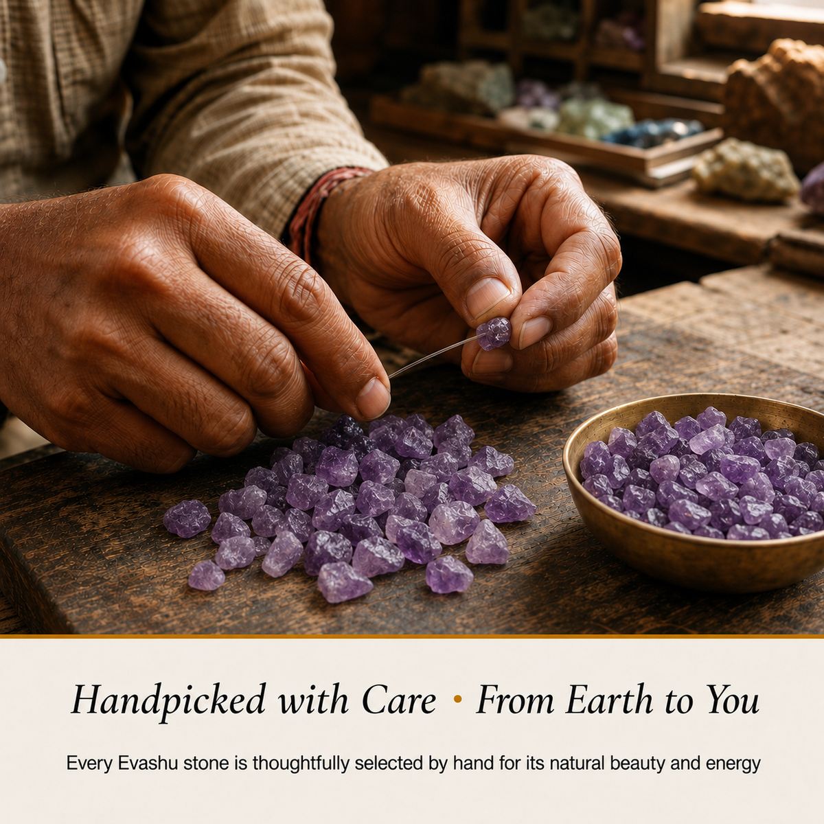 Amethyst Stone handcrafted in India showing artisan crystal product making
