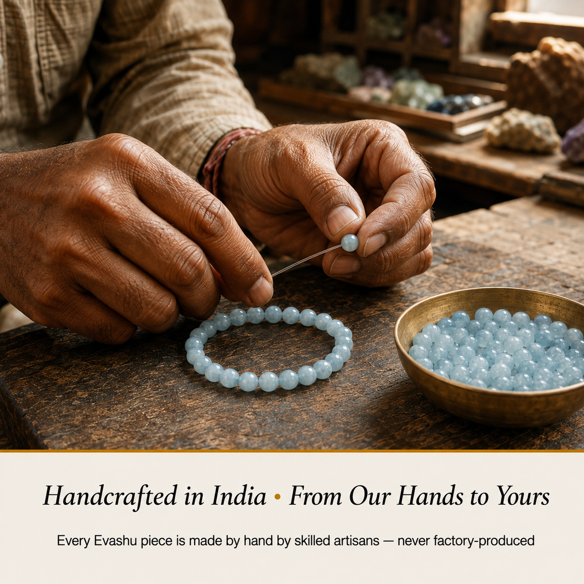 Aquamarine Bracelet handcrafted in India showing artisan crystal bracelet making