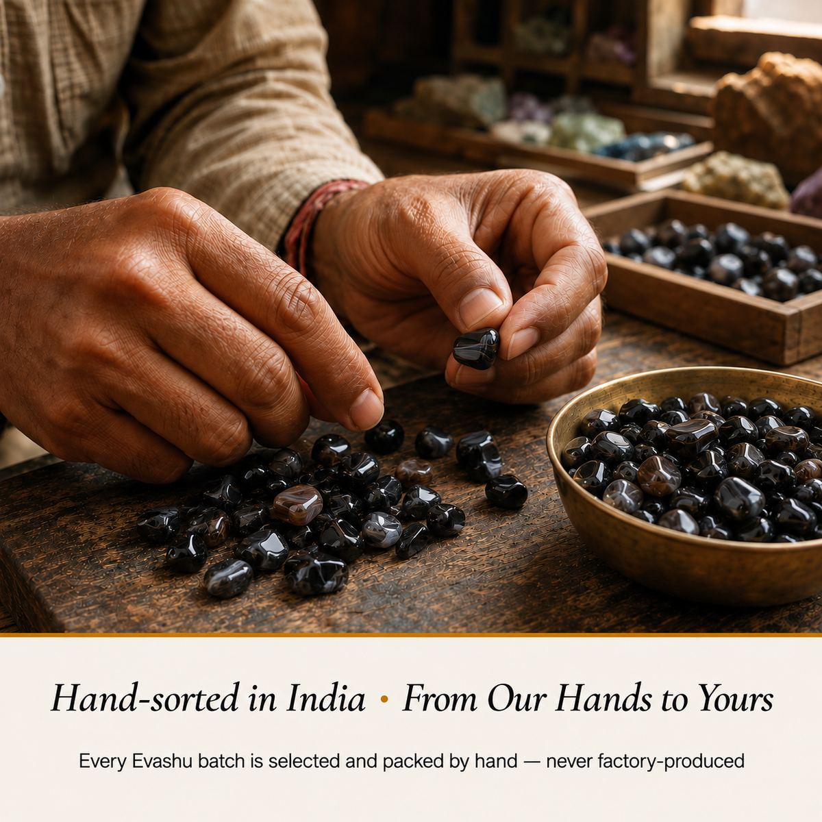 black-agate-crystal-chips handcrafted in India showing artisan crystal product making