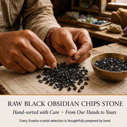 Black Obsidian Chips handcrafted in India showing artisan crystal product making