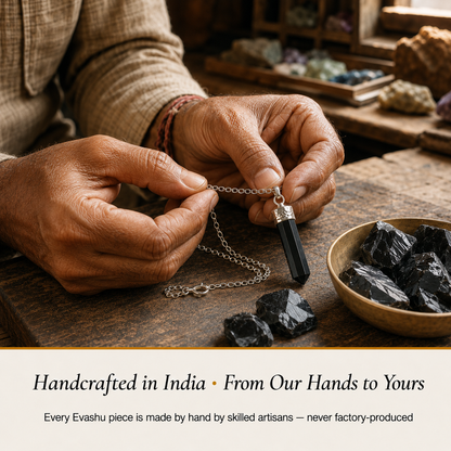 Black Obsidian Pencil Pendant handcrafted in India showing artisan crystal product making