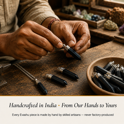 Black Onyx Pencil Pendant handcrafted in India showing artisan crystal product making