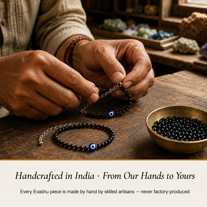 black-tourmaline-and-evil-eye-anklet-set handcrafted in India showing artisan crystal product making
