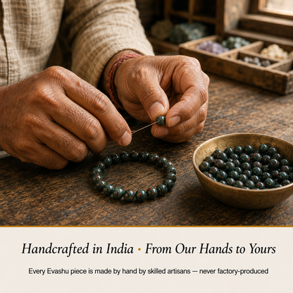 Bloodstone Bracelet handcrafted in India showing artisan crystal bracelet making
