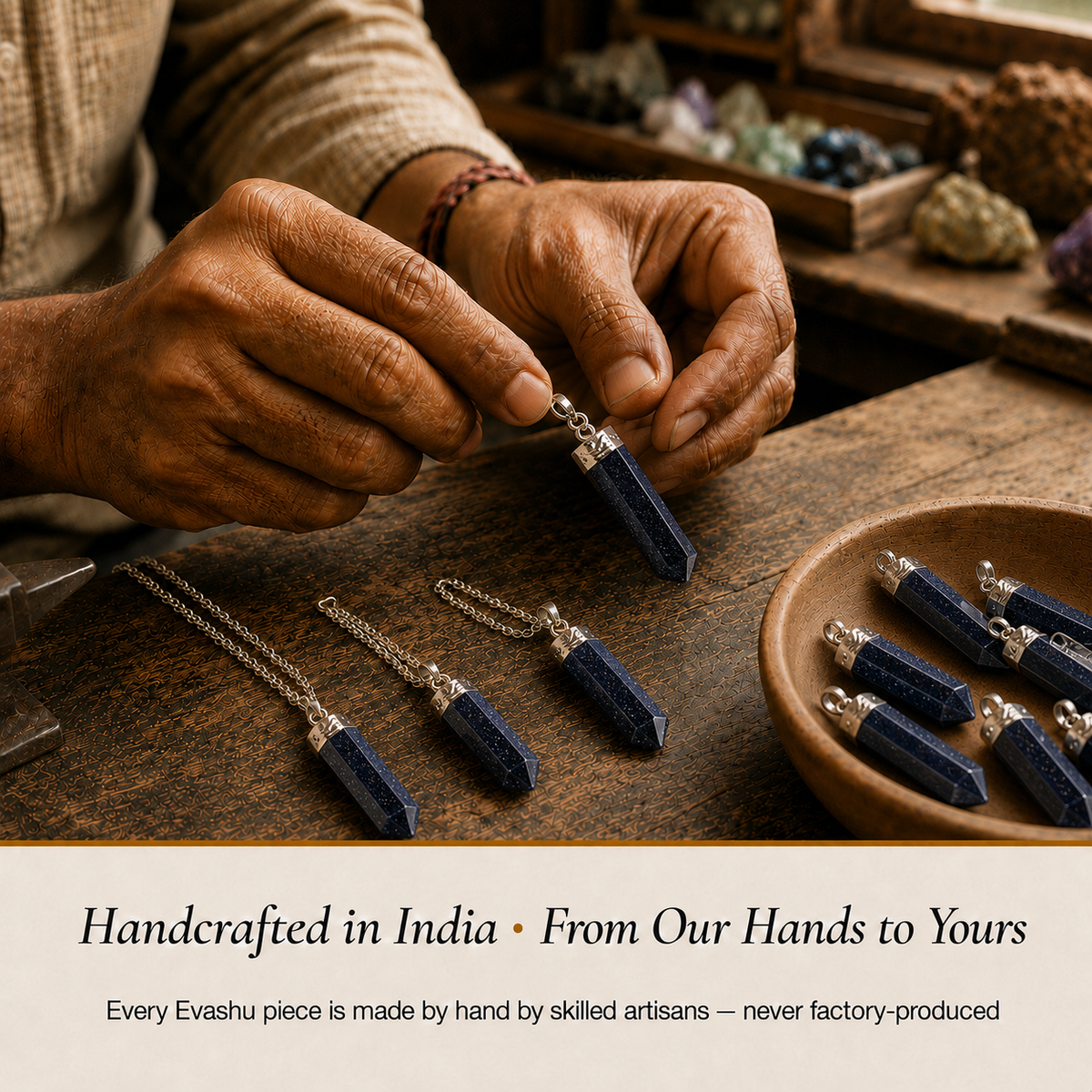 Blue Goldstone Pencil Pendant product presentation by Evashu Crystals in India