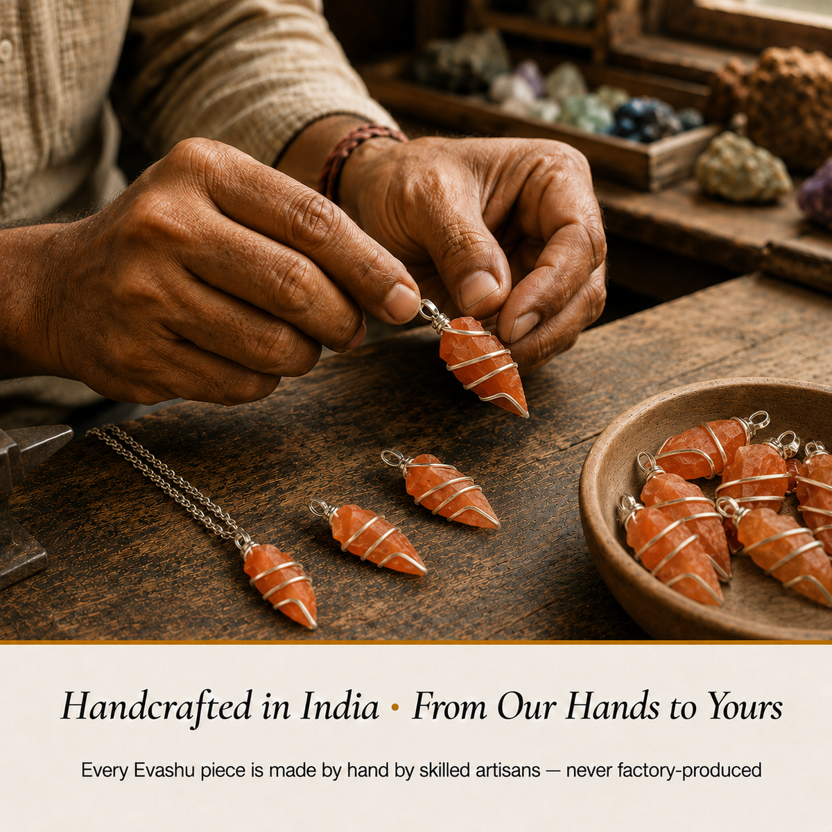 Carnelian Pendant handcrafted in India showing artisan crystal product making