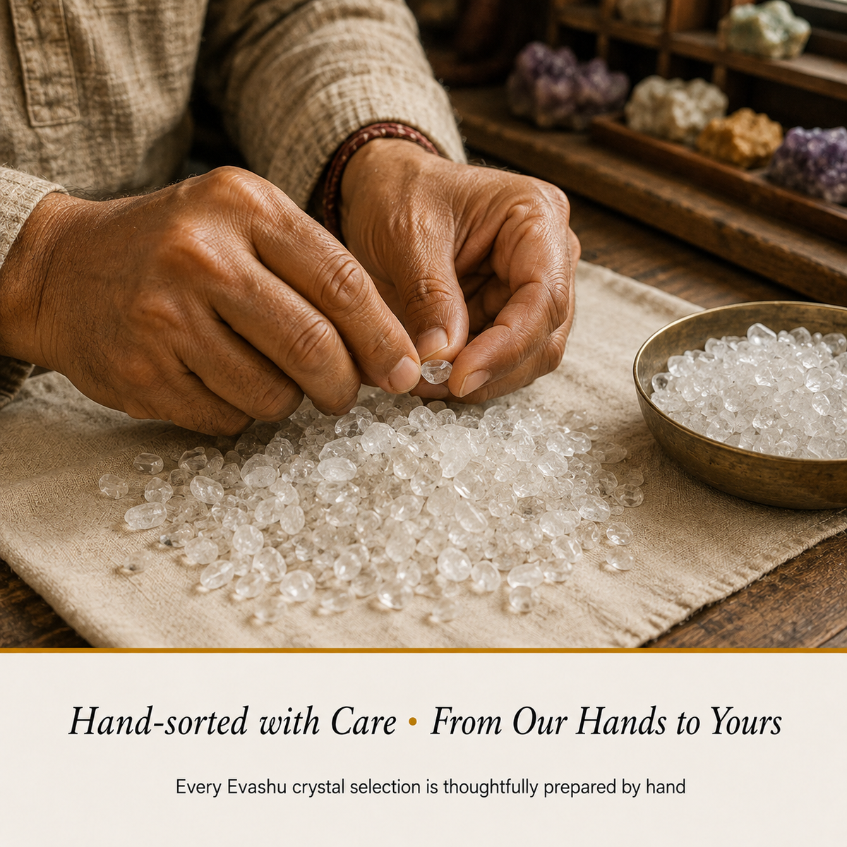 Clear Quartz Chips handcrafted in India showing artisan crystal product making
