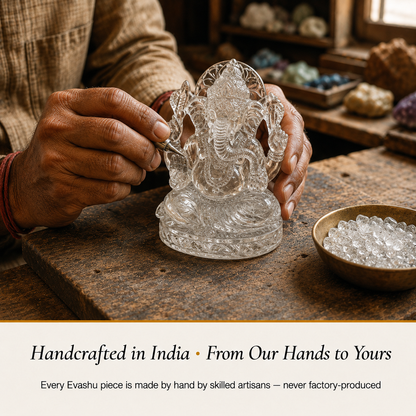 Clear Quartz Ganesha handcrafted in India showing artisan crystal product making