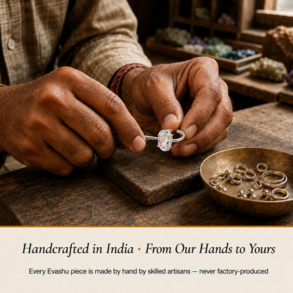 Clear Quartz Ring handcrafted in India showing artisan crystal product making