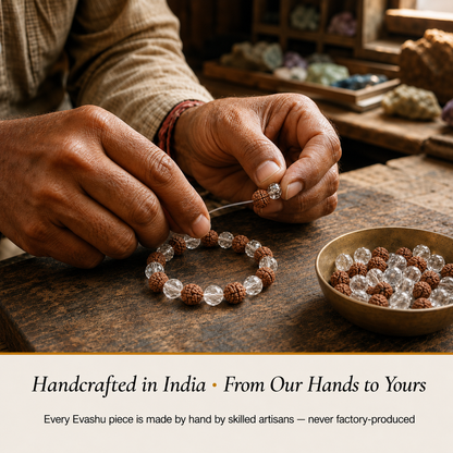 Clear Quartz Rudraksha Bracelet handcrafted in India showing artisan crystal product making