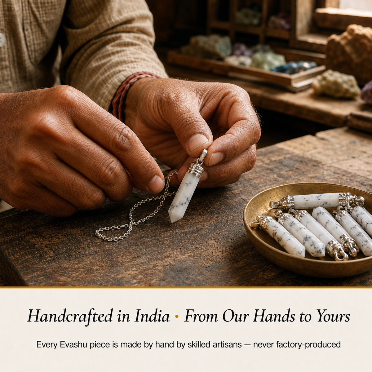 Dendrite Pencil Pendant handcrafted in India showing artisan crystal product making