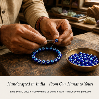 Evil Eye Bracelet handcrafted in India showing artisan crystal bracelet making