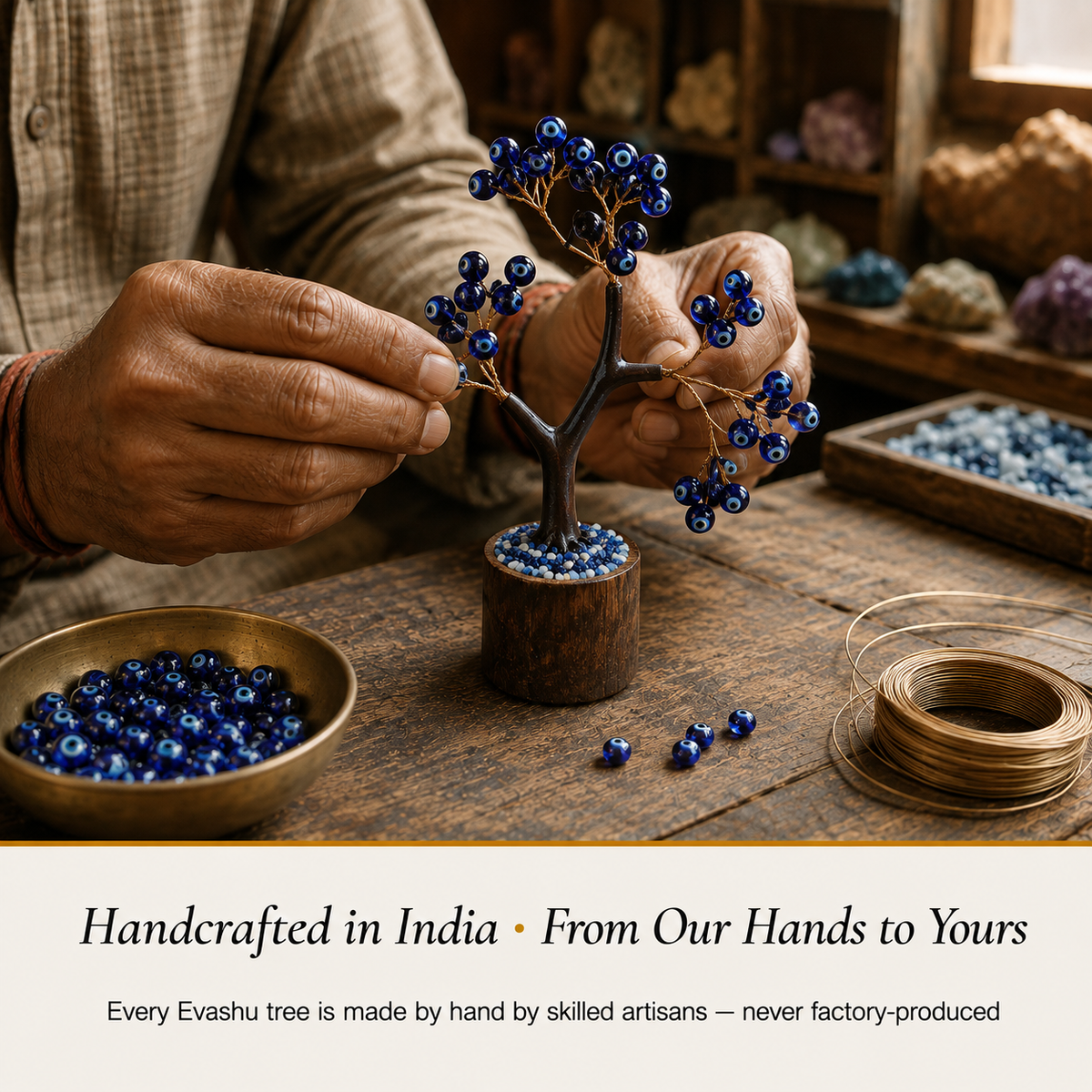 Evil Eye Tree handcrafted in India showing artisan crystal product making