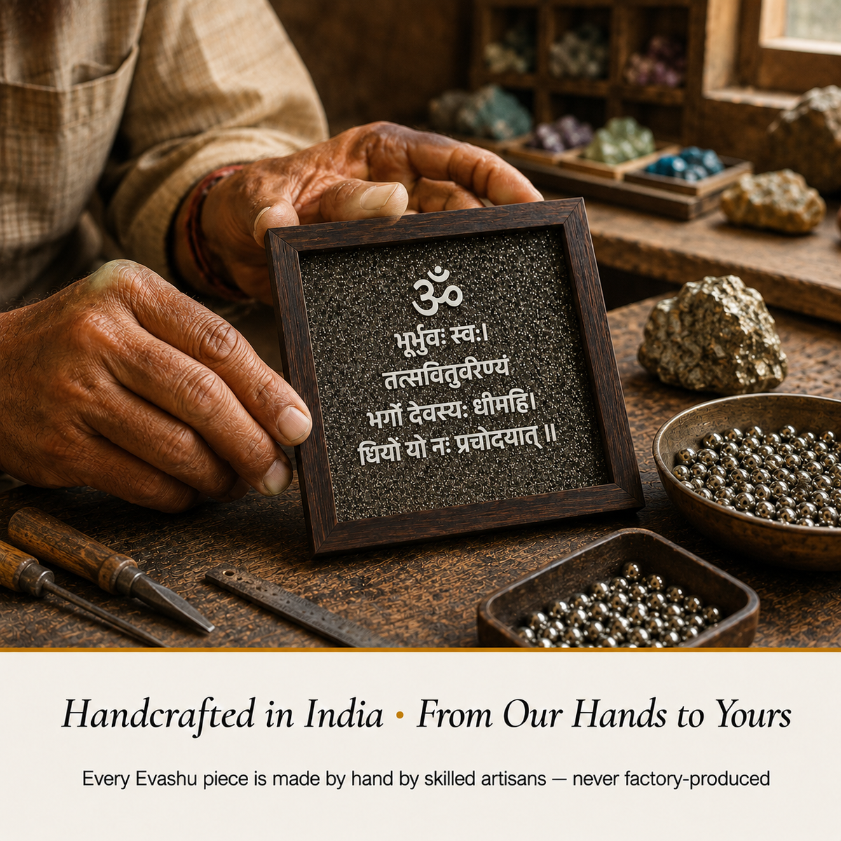 Gayatri Mantra Frame handcrafted in India showing artisan crystal product making