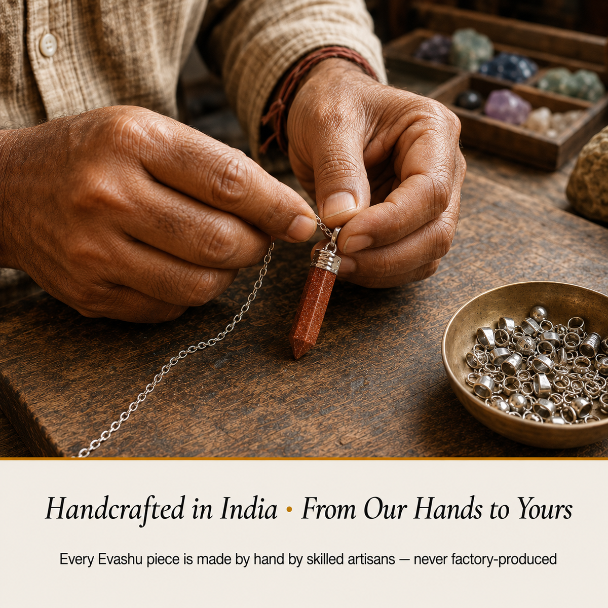 Goldstone Pencil Pendant product presentation by Evashu Crystals in India