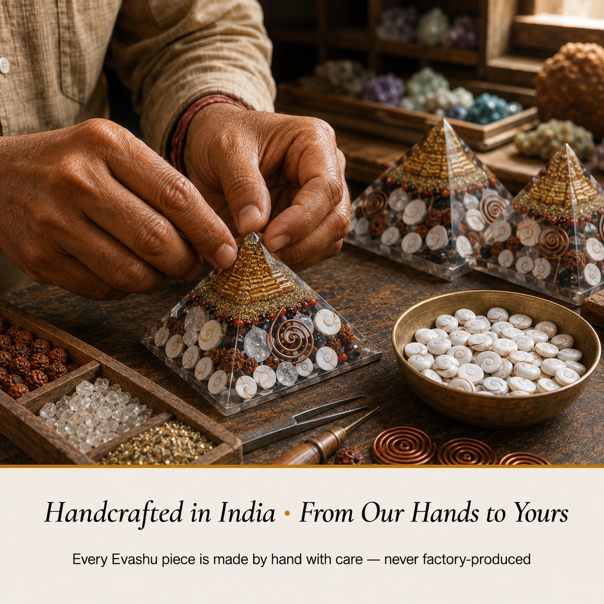 Gomti Chakra Pyramid handcrafted in India showing artisan crystal product making