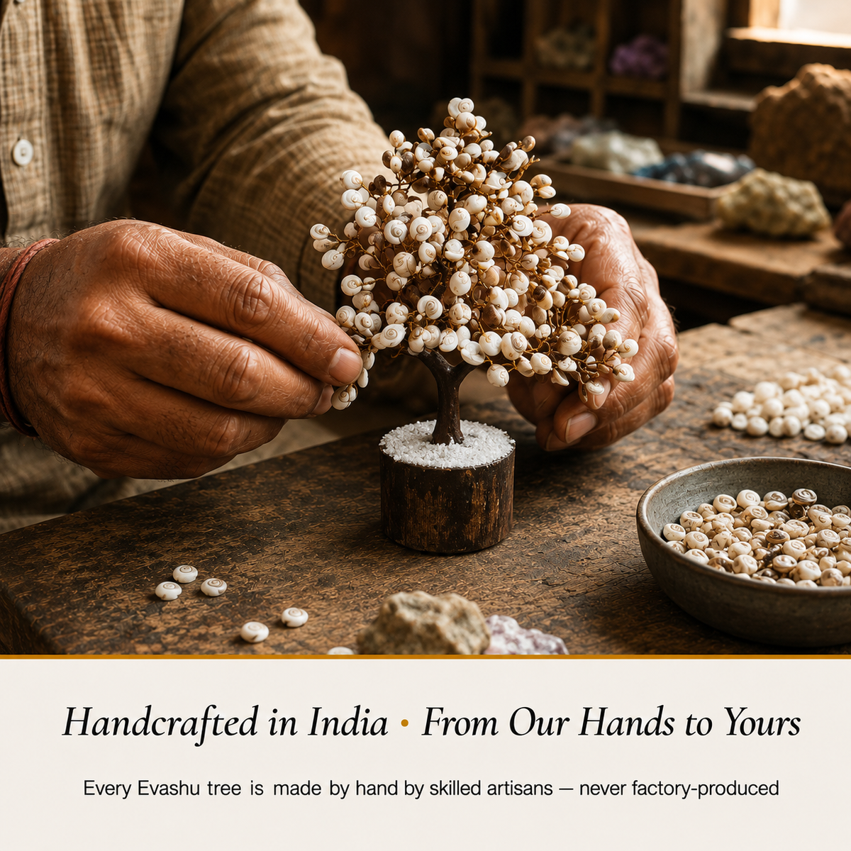 Gomti Chakra Tree handcrafted in India showing artisan crystal product making