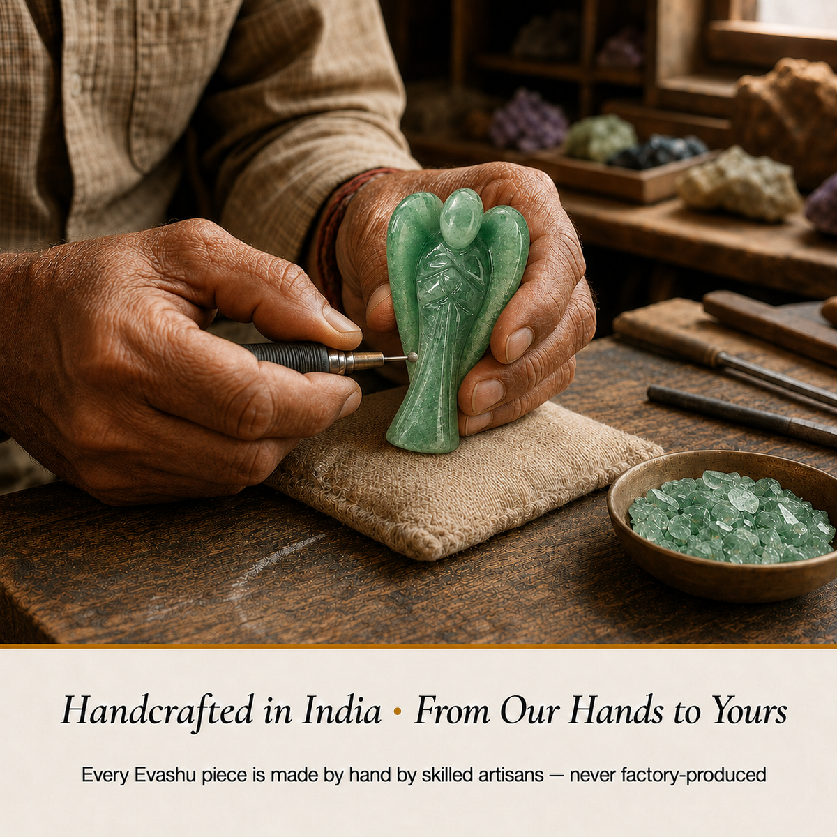 Green Aventurine Angel handcrafted in India showing artisan crystal product making
