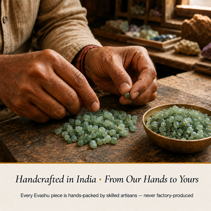 Green Aventurine Chips handcrafted in India showing artisan crystal product making
