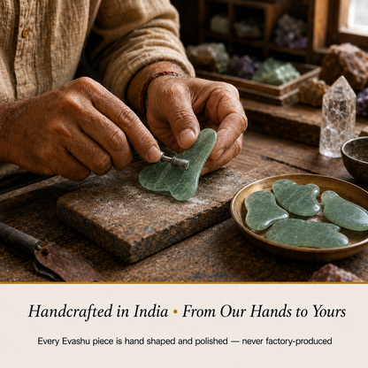 Green Aventurine Gua Sha handcrafted in India showing artisan crystal product making
