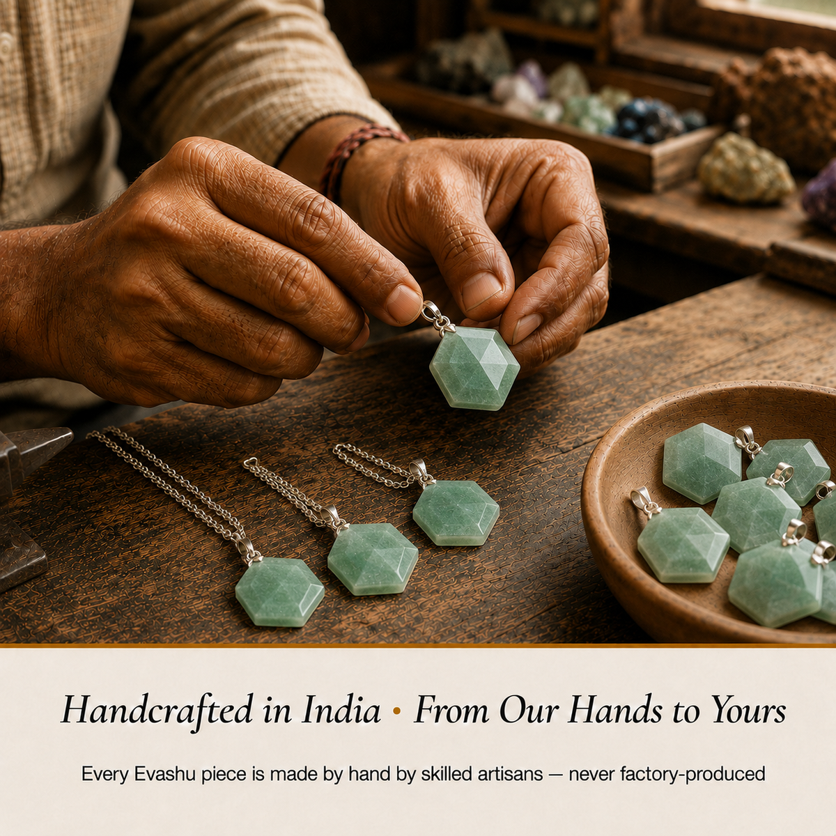 Green Aventurine Hexagon Pendant handcrafted in India showing artisan crystal product making