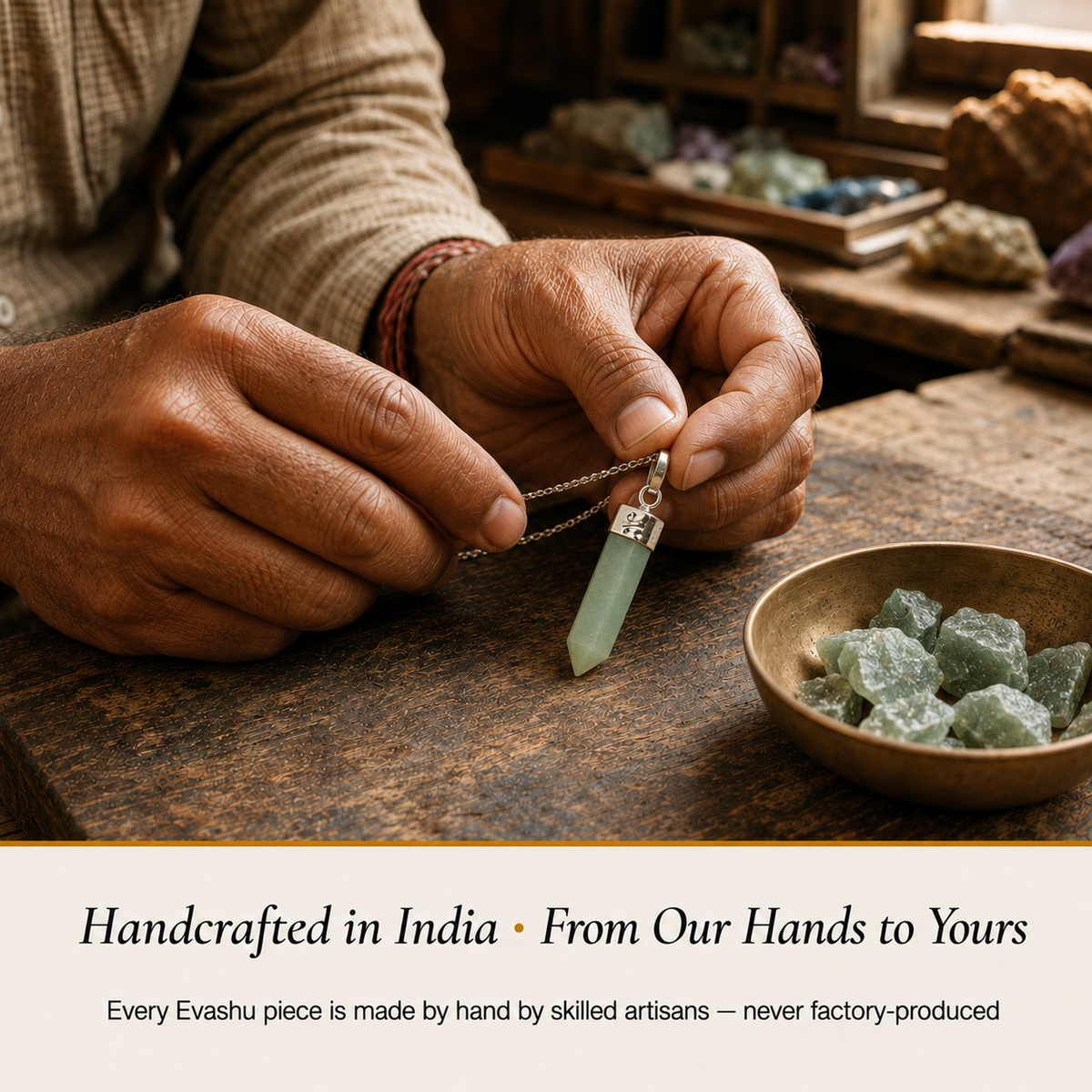 Green Aventurine Pencil Pendant handcrafted in India showing artisan crystal product making