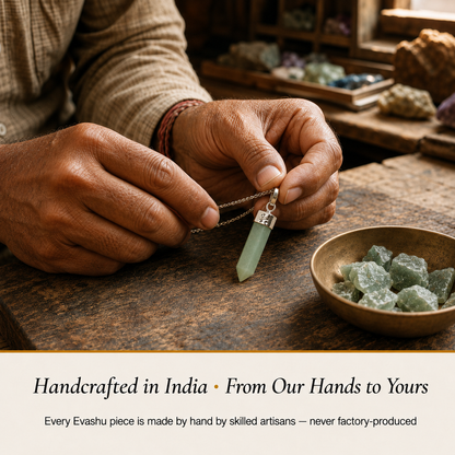 Green Aventurine Pencil Pendant handcrafted in India showing artisan crystal product making